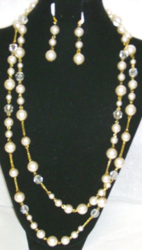Click here to buy Two Strand Simulated Ivory Pearls and Crystal Short Chain on Antique Gold Necklace Earrings for....