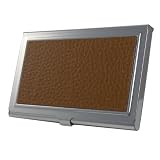 SALE PRICE! Polished Stainless Steel Business Card Case with Brown Simulated Leather