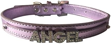 Metallic Leatheroid Fancy Collar for Pet Dogs with Crystal Letters "Angel" and Heart Accessory Purple Small