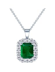 18K White Gold Emerald Cut Emerald And Round Diamond Pendant