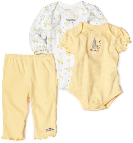 The Original Peter Rabbit Baby-Girls Newborn 3 Piece Dot Floral Creepers and Pant, Yellow, 6-9 Months