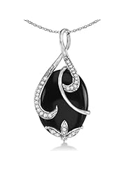 Ladies Genuine Oval Shaped Black Onyx and Diamond Twist Pendant Necklace 14K White Gold 23.55tcw
