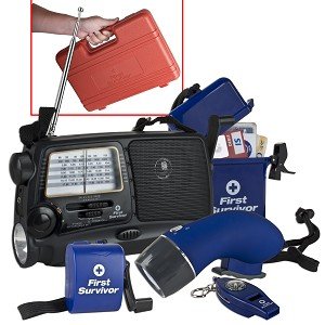 First Survivor FS-EK8016 Hand Powered Emergency Kit w/Flashlight, AM/FM/SW Radio, Phone Charger, Whistle/Compass & More!