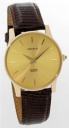 GENEVE Men's Solid 14 Karat Gold Watch with Brown Leather Strap. Model: GE-2258-CSBR