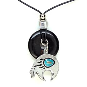 Onyx and Diamond Cut Pewter Pendant Necklace - Bear Fetish