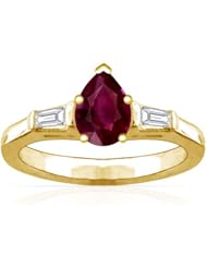 18K Yellow Gold Pear Cut Ruby Three Stone Ring