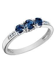 Three Stone Created Sapphire Ring with Diamonds 1/2 Carat (ctw) in 10K White Gold