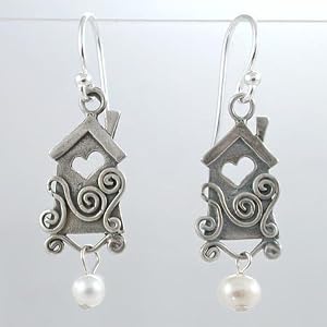 Sterling Silver Bird House Earrings with Heart and Pearl Accents, #8808