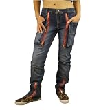 Womens Baby Phat denim jeans. Very unique pair of jeans featuring two large zip pockets and zip up hem, seams down the back and one of a kind triangular back patch pocket. Very eye catching urban fashion apparel presented by KLS Kimora Lee Simmons.(7-42699)