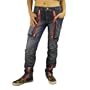 Womens Baby Phat denim jeans. Very unique pair of jeans featuring two large zip pockets and zip up hem, seams down the back and one of a kind triangular back patch pocket. Very eye catching urban fashion apparel presented by KLS Kimora Lee Simmons.(7-42699)