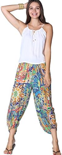 LALUNESSE Women's Bohemian Elastic Waist Loose Wide leg Harem Bloomers Pants, Green, Large