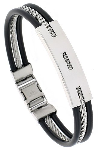 8 Surgical Steel Cable & Rubber Bracelet (9 mm) wide.