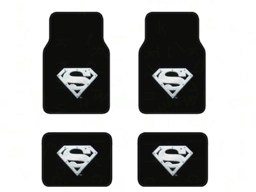  A Set of 4 Universal Fit Front and Rear Logo Plush Carpet Floor Mats - Superman Silver