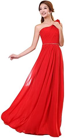 Vogue008 Womens One Shoulder Chiffon Formal Dress with Sewing Beads and Flower-18WB-Red