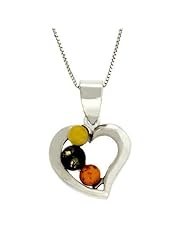 Sterling Silver Trendy Multicolor Brown and Green Genuine Amber Heart Pendant