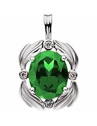 14K White Gold Oval Cut Chatham Created Emerald and Diamond Pendant -- LIFETIME WARRANTY