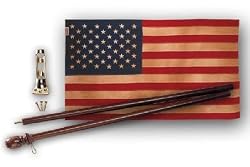 Valley Forge Heritage Series United States Flag Kit, containing  3-Foot x 5-Foot Antiqued Cotton United States Flag With Sewn Stripes & Embroidered Stars,  2 Piece 5-Foot Mahogany Wood Pole, and Brass Bracket
