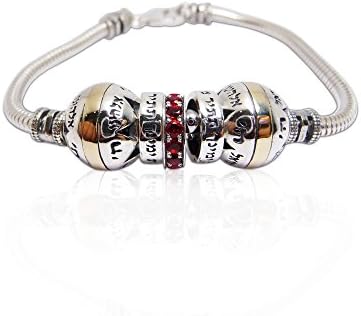 Silver bracelet Shema with two Magic beads with gold stripe and Red zircon geamstones