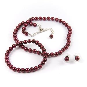 Red 6mm Glass Pearl Necklace, Bracelet and Earring Set b