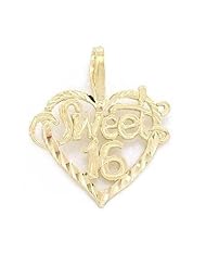 14K Gold Sweet 16 Heart Charm Diamond-Cut Jewelry 16mm