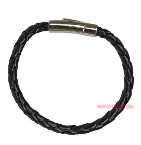 Braided Black Leather Mens Bracelet 6 mm 8 1/2 inches with Locking Stainless Steel Clasp