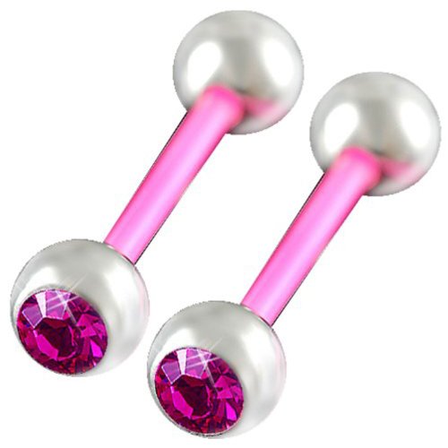 14g 14 gauge 1.6mm, 5/8" inch 16mm long - Pink flexible acrylic tongue bars bar tounge nipple barbell ear rings with 6mm stainless steel balls and Swarovski Crystal Jeweled Fuchsia - Pierced Body Piercing Jewelry Jewellery - Set of 2 ALSZ