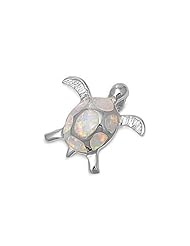 Sterling Silver White Lab Opal Turtle Pendant Fashion Charm Pure 925 New 17mm with 1.2mm Rope Chain