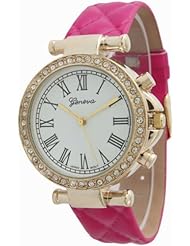 Womens Geneva Roman Numeral Quilted Leather Watch - Hot Pink
