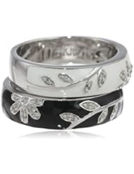 Sterling Silver Black White Enamel Floral Diamond Stack Ring (1/10 cttw, I-J Color, I2-I3 Clarity)