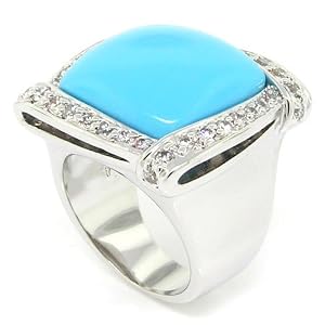 Square Large Cocktail Ring w/Turquoise & White CZs, 7