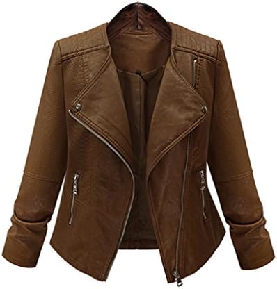 Women's Casual Coffee Motorcycle Faux Leather Jacket Plus Size