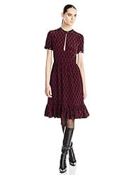 Leather/Silk Keyhole Belted Piping General Print  Dress