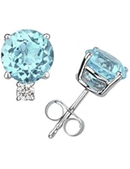 8mm Round Aquamarine and Diamond Stud Earrings in 14K White Gold