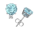 4mm Round Aquamarine and Diamond Stud Earrings in 14K White Gold