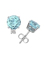 9mm Round Aquamarine and Diamond Stud Earrings in 14K White Gold