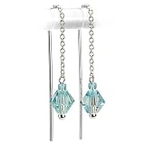0.8mm Sterling Silver Threader Short Dangle Earring w. Long Straight Bar and Swarovski Aquamarine...