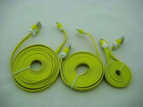 3pcs/lot 3in1 3ft 6ft 2m 10ft 3m Extra Long Noodle Flat Universal USB Male a to Micro B Data Charger Cable Cords for HTC One X V L M7 Butterfly Samsung Galaxy S2 I9100 S3 I9300 S4 I9500 Note 2 I9220 N7100 Nokia Lumia 900 920 Lg Nexus 4 7 Blackberry Q10 Z10 Sony Xperia S Z Kindle etc.(yellow)