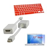 Red Soft Keyboard Silicone Cover + Clear Screen Protector + Mini DisplayPort to HDMI Adapter for Apple Macbook 17 inch Laptop