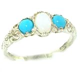 Ladies Solid White Gold Natural Opal & Turquoise English Victorian Trilogy Ring - Finger Sizes 5 to 12 Available