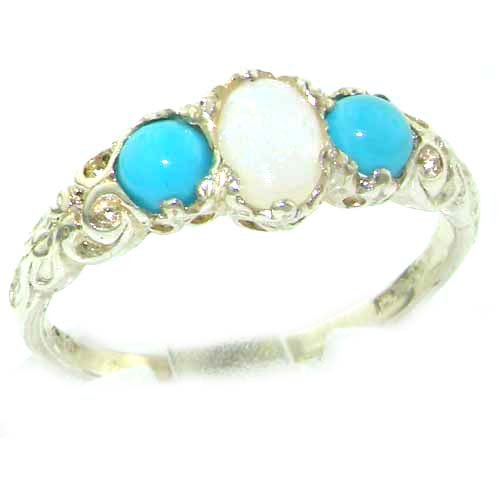 Ladies Solid Sterling Silver Natural Opal & Turquoise English Victorian Trilogy Ring - Finger Sizes 5 to 12 Available