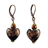 Earrings - E393 - Murano Style Glass - Heart ~ Black and Copper Fleck