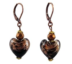 Earrings - E393 - Murano Style Glass - Heart ~ Black and Copper Fleck