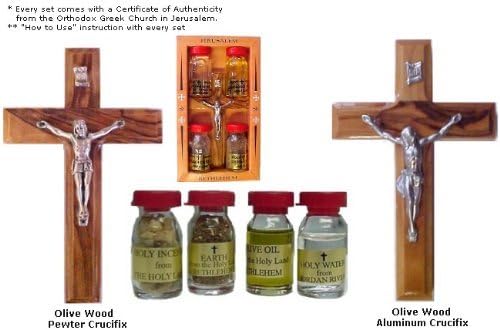 Holy Water, Anointing Oils, Incense Four (4) Bottles Set - Pewter Crucifix