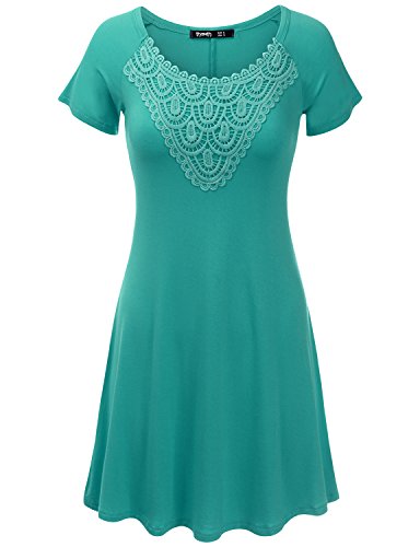 THANTH Women Round Neck Short Sleeve Pleated Lace Slim Mini Dress