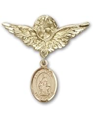 14K Gold Baby Badge with St. Sophia Charm and Angel with Wings Badge Pin