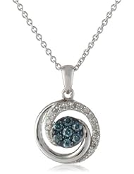 Sterling Silver Blue and White Diamond Round Pendant Necklace (1/4 cttw, I-J Color, I2-I3 Clarity), 18"