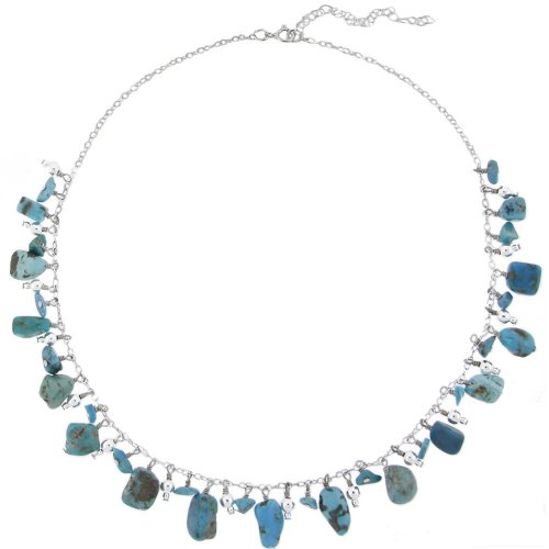 Sterling Silver Rolo Chain, Bead and Genuine Turquoise Nugget Drops Necklace,16+3″ Extender