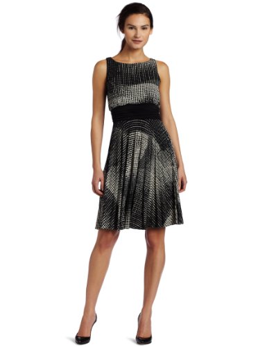 Donna Morgan Womens Sleeveless Printed Jersey Dress, Black/Ivory, 8
