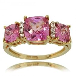 Pink Topaz & Diamond Three Stone Ring in Yellow Gold Past Present Future
