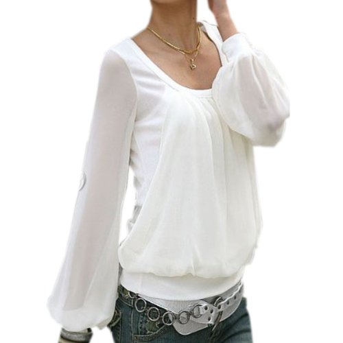 (グローウィン)growin ドルマンスリーブ 7分袖 チュニック ブラウス レース バルーン袖 シフォン 白 黒 ジョーゼット Uネック カットソー レディース